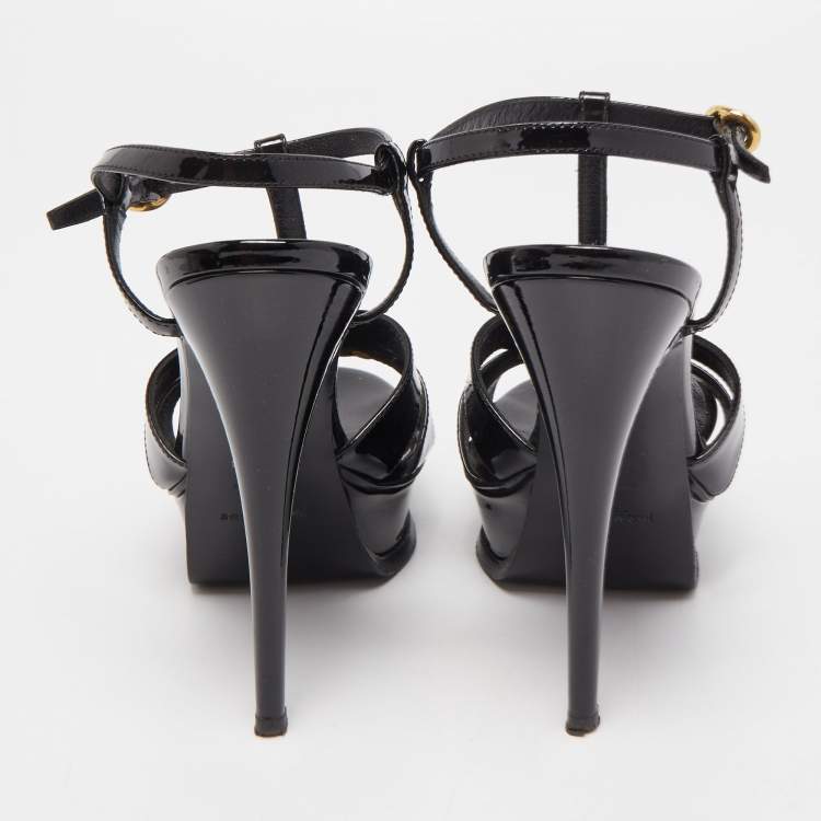 Pre Owned Saint Laurent Black Patent Leather Chain Detail Tribute Sandals Size 38