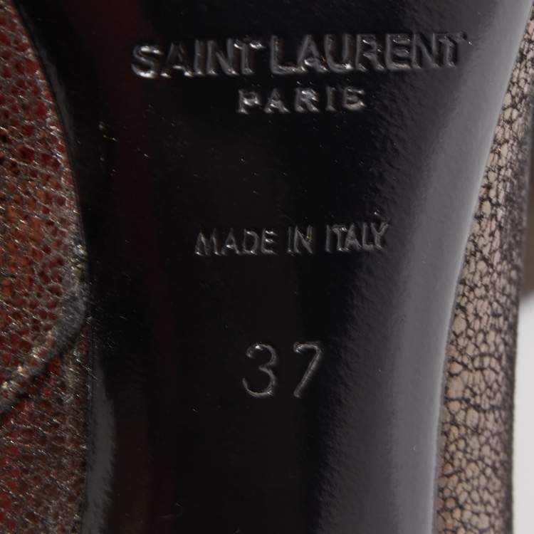 Pre Owned Saint Laurent Paris Metallic Foil Leather Block Heel Ankle Booties Size 37