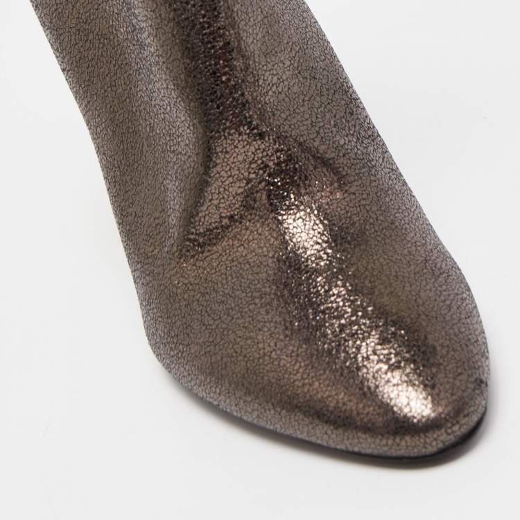 Pre Owned Saint Laurent Paris Metallic Foil Leather Block Heel Ankle Booties Size 37