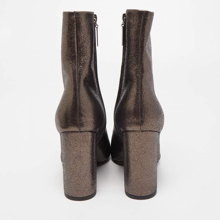 Pre Owned Saint Laurent Paris Metallic Foil Leather Block Heel Ankle Booties Size 37
