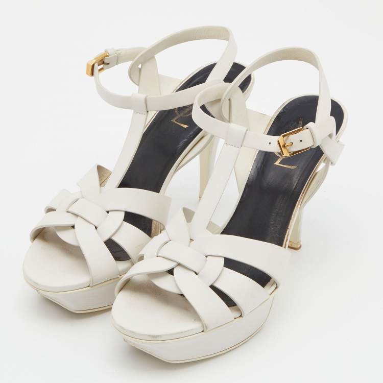 Pre Owned Saint Laurent White Leather Tribute Ankle Strap Sandals Size 38
