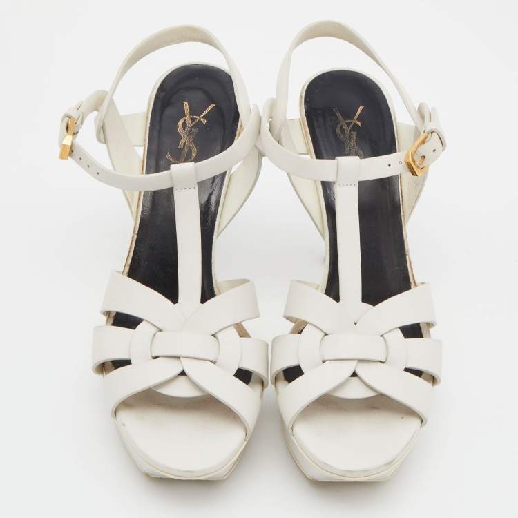 Pre Owned Saint Laurent White Leather Tribute Ankle Strap Sandals Size 38