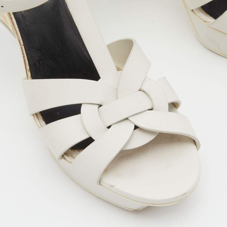 Pre Owned Saint Laurent White Leather Tribute Ankle Strap Sandals Size 38