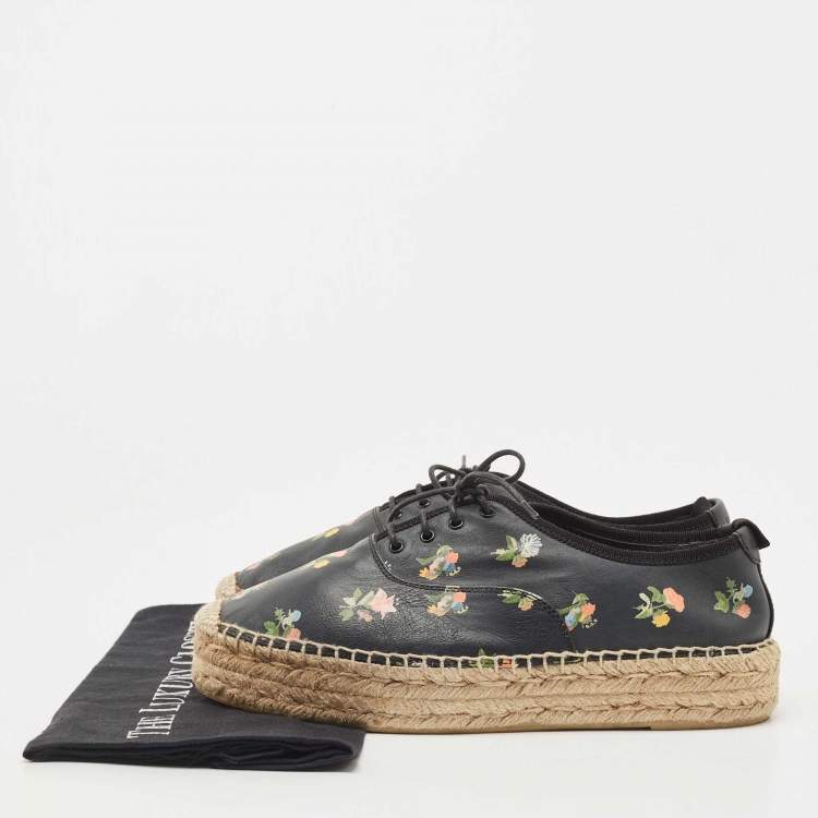 Pre Owned Saint Laurent Black Floral Print Leather Espadrille Platform Sneakers Size 39.5