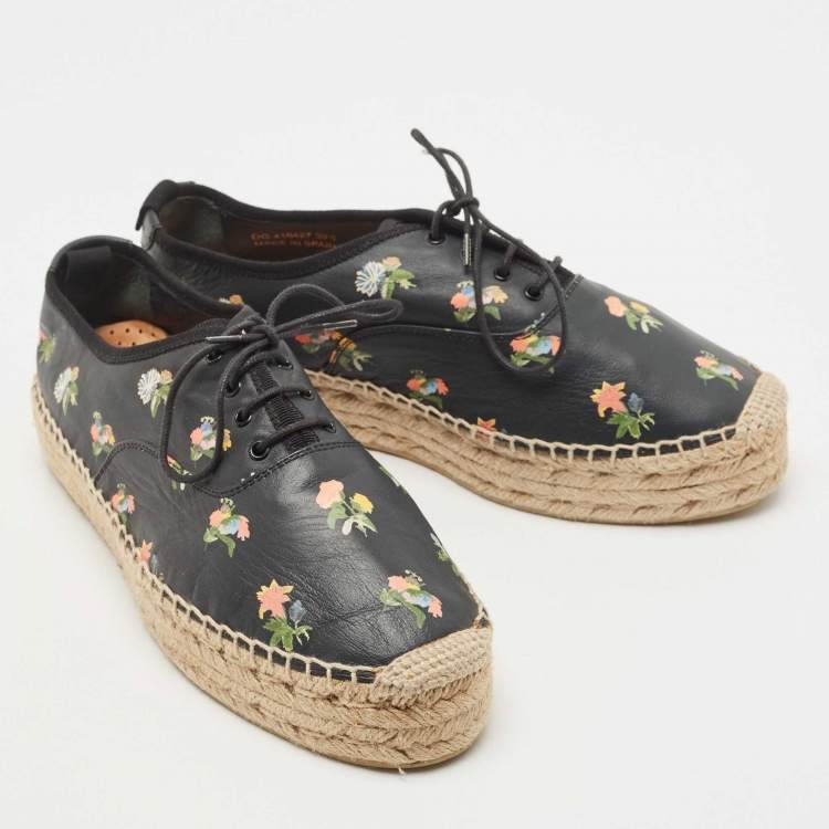 Pre Owned Saint Laurent Black Floral Print Leather Espadrille Platform Sneakers Size 39.5