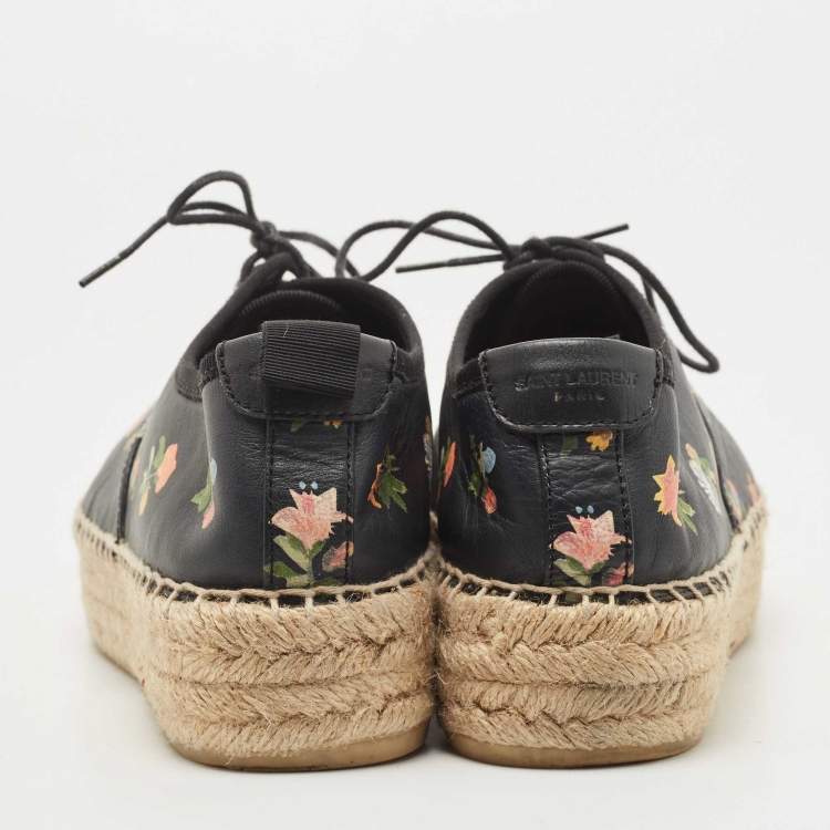 Pre Owned Saint Laurent Black Floral Print Leather Espadrille Platform Sneakers Size 39.5