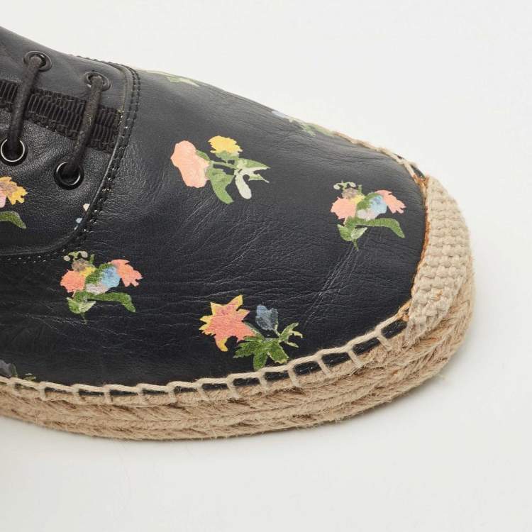 Pre Owned Saint Laurent Black Floral Print Leather Espadrille Platform Sneakers Size 39.5