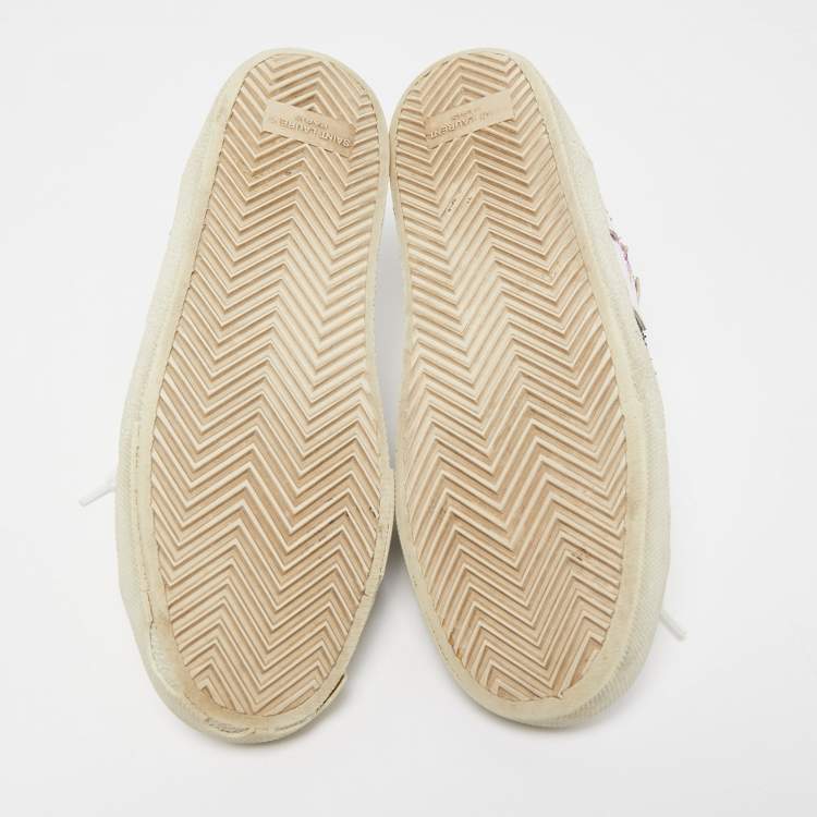 Pre Owned Saint Laurent White Leather and Glitter Low Top Sneakers Size 38.5