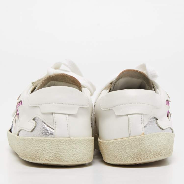 Pre Owned Saint Laurent White Leather and Glitter Low Top Sneakers Size 38.5