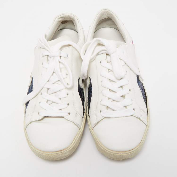 Pre Owned Saint Laurent White Leather and Glitter Low Top Sneakers Size 38.5
