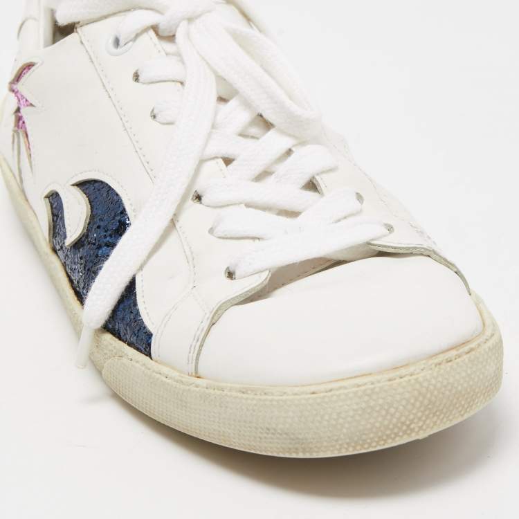 Pre Owned Saint Laurent White Leather and Glitter Low Top Sneakers Size 38.5
