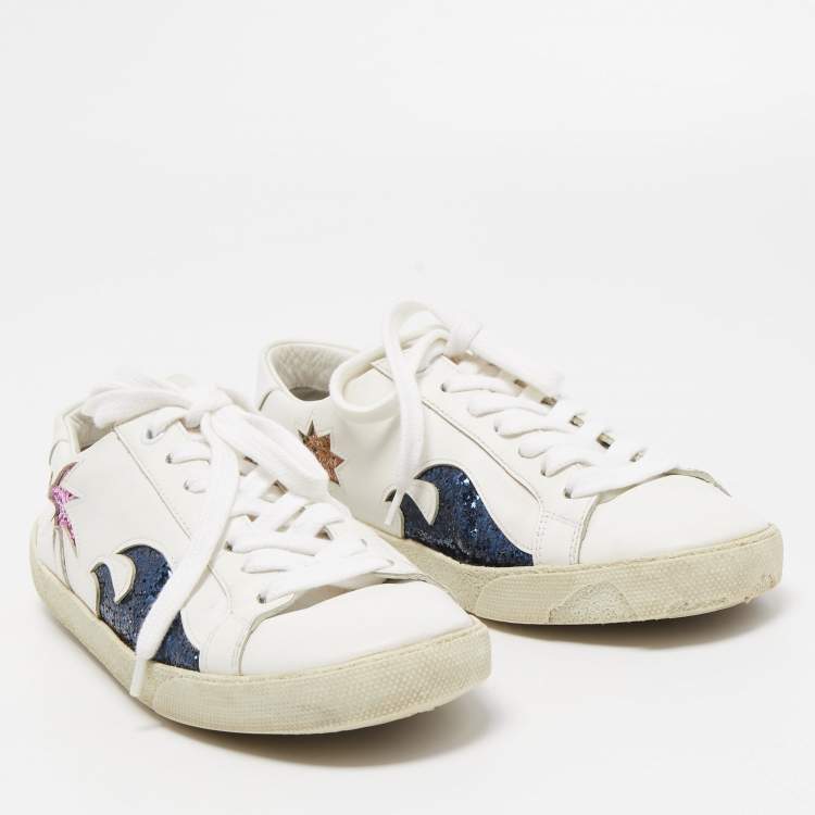 Pre Owned Saint Laurent White Leather and Glitter Low Top Sneakers Size 38.5