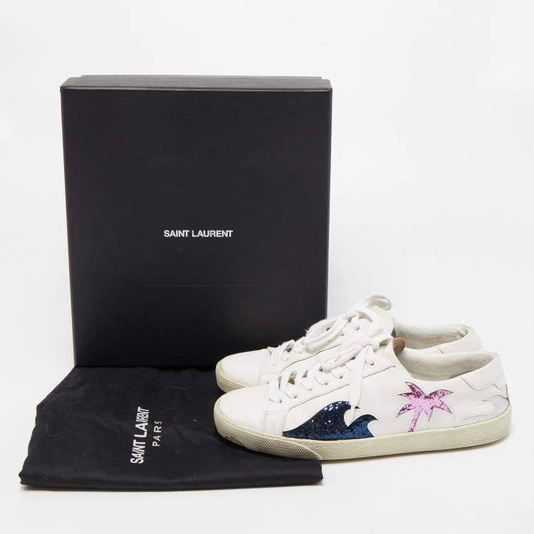 Pre Owned Saint Laurent White Leather and Glitter Low Top Sneakers Size 38.5