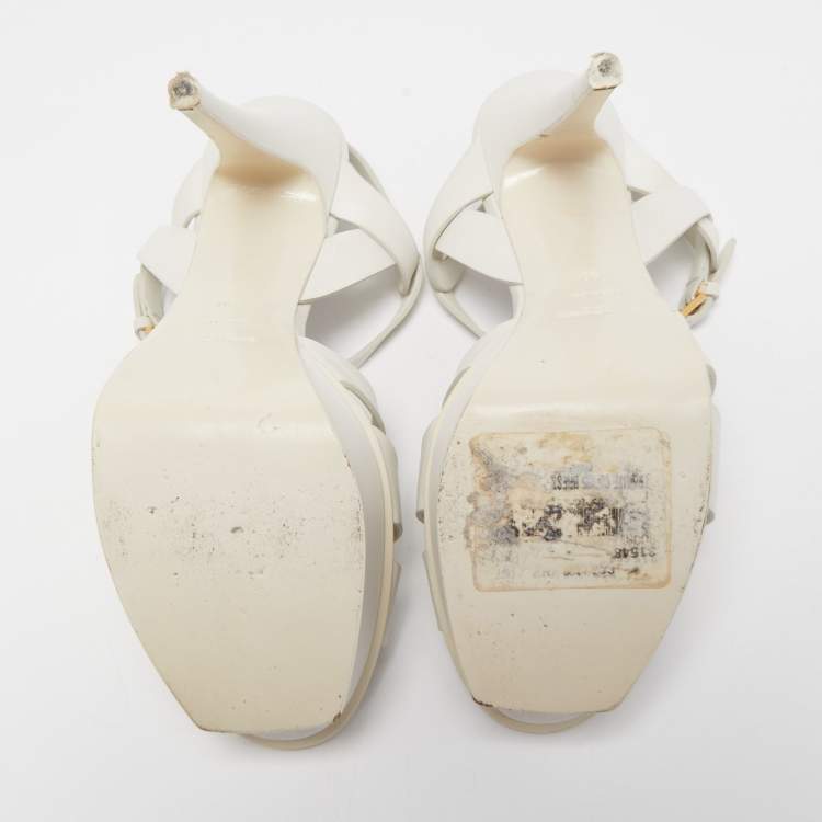 Pre Owned Saint Laurent Paris White Leather Tribute Platform Ankle Strap Sandals Size 40
