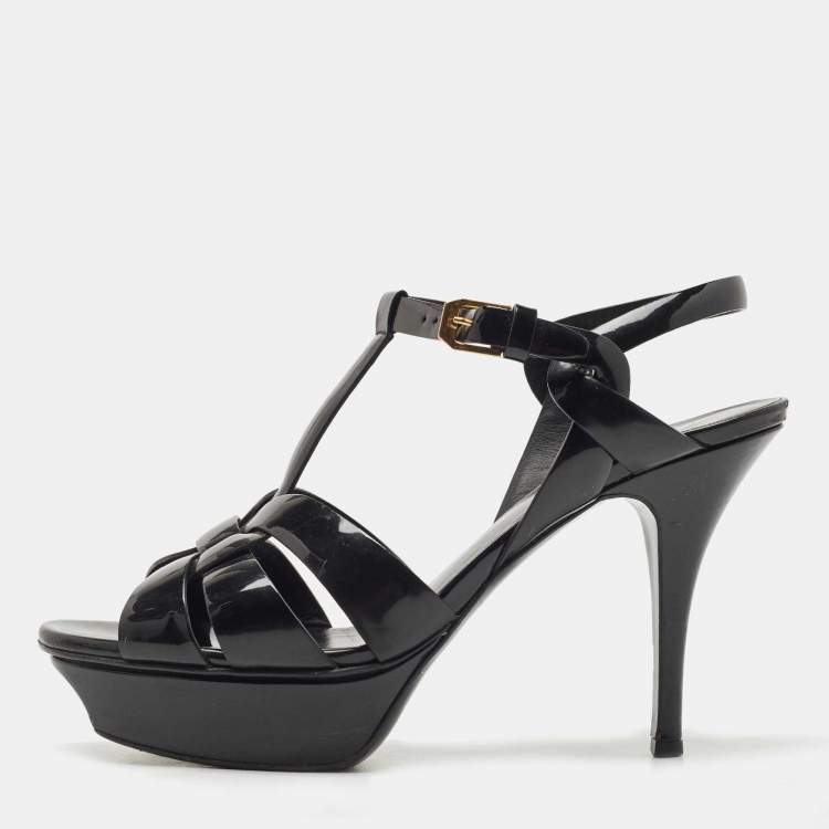Pre Owned Saint Laurent Paris Black Leather Tribute Platform Ankle Strap Sandals Size 38