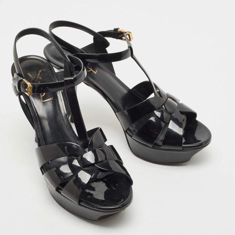 Pre Owned Saint Laurent Paris Black Leather Tribute Platform Ankle Strap Sandals Size 38