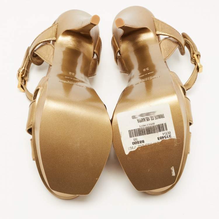 مملوكة مسبقًا Saint Laurent Metallic Gold Leather Tribute Ankle Strap Platform Sandals Size 38