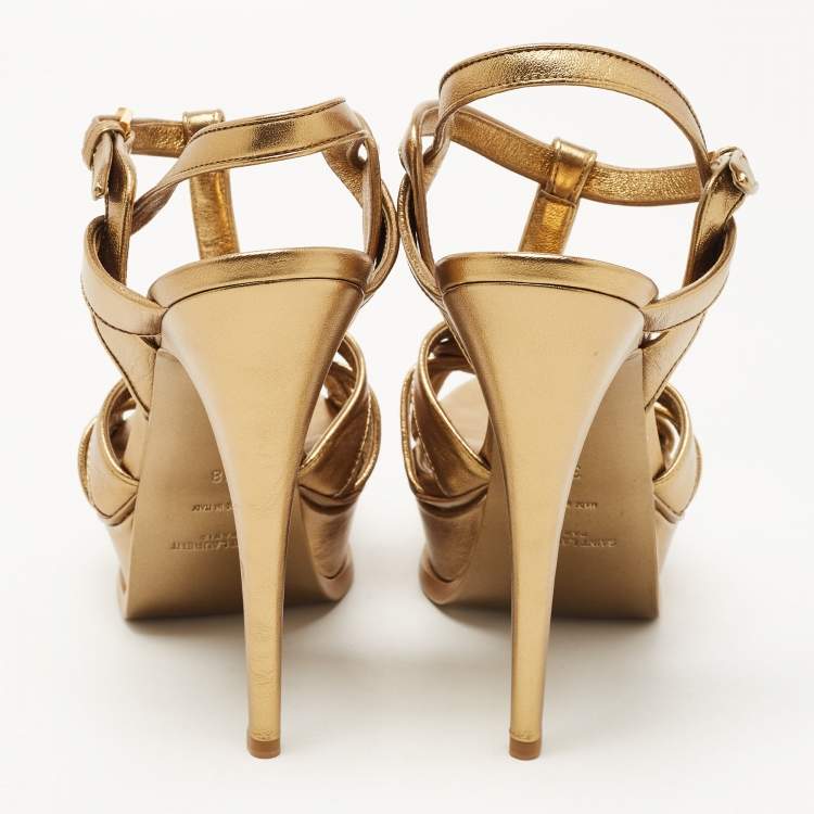 مملوكة مسبقًا Saint Laurent Metallic Gold Leather Tribute Ankle Strap Platform Sandals Size 38