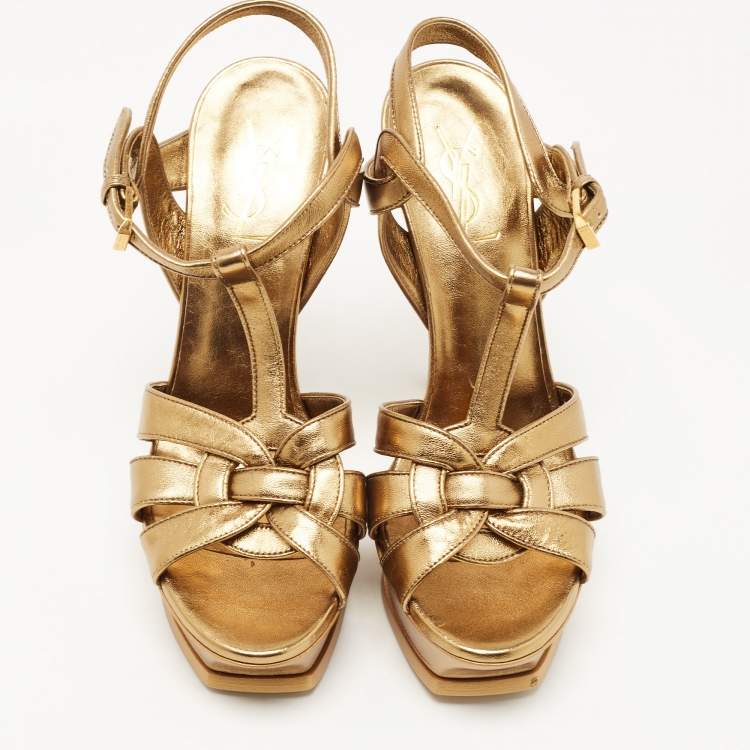 مملوكة مسبقًا Saint Laurent Metallic Gold Leather Tribute Ankle Strap Platform Sandals Size 38