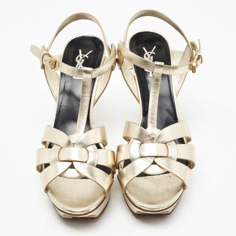 Pre Owned Saint Laurent Paris Gold Leather Tribute Platform Ankle Strap Sandals Size 40.5