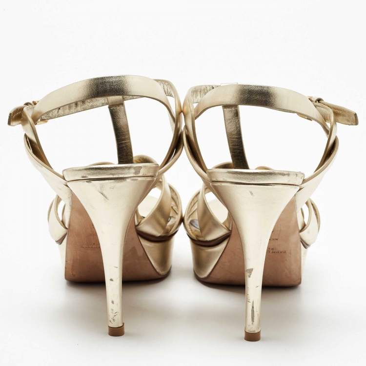 Pre Owned Saint Laurent Paris Gold Leather Tribute Platform Ankle Strap Sandals Size 40.5