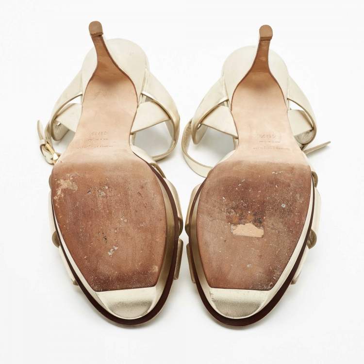 Pre Owned Saint Laurent Paris Gold Leather Tribute Platform Ankle Strap Sandals Size 40.5