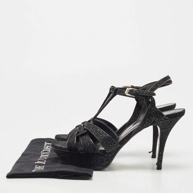 Pre Owned Saint Laurent Black Textured Suede Tribute Sandals Size 39
