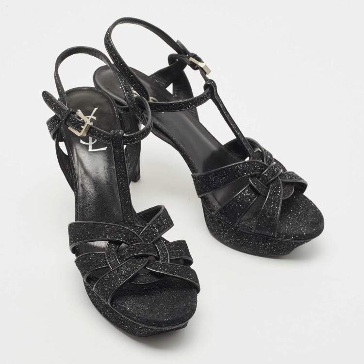 Pre Owned Saint Laurent Black Textured Suede Tribute Sandals Size 39