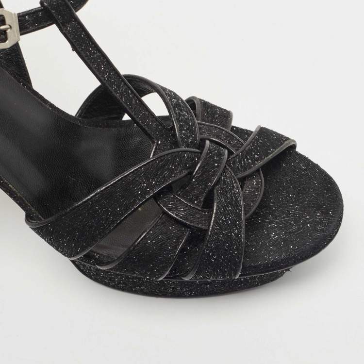 Pre Owned Saint Laurent Black Textured Suede Tribute Sandals Size 39