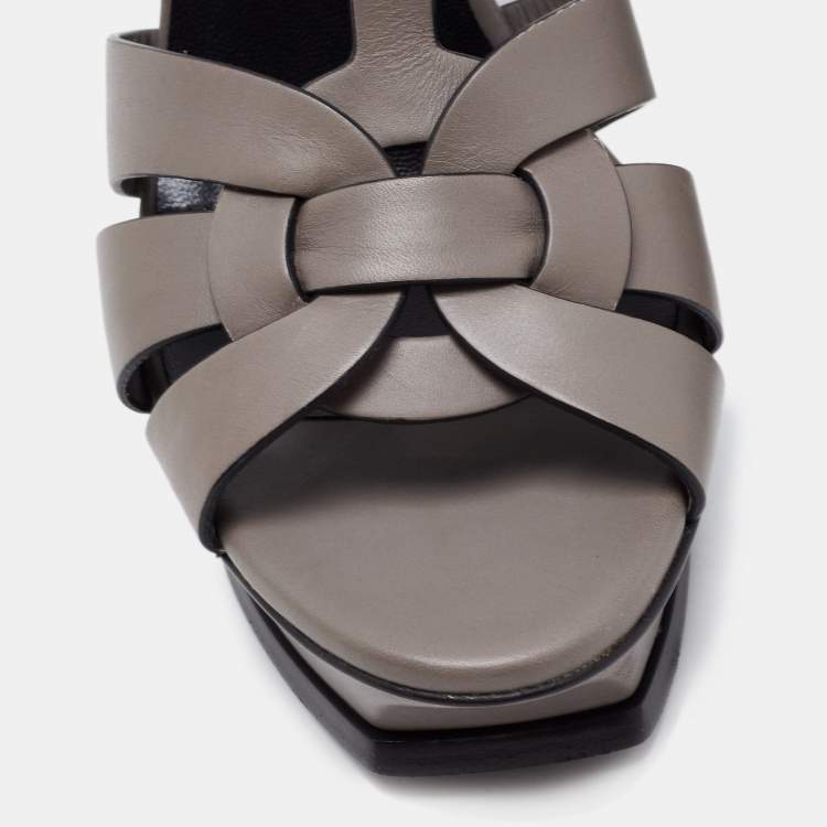 Pre Owned Saint Laurent Grey Patent Leather Tribute Platform Ankle Strap Sandals Size 40