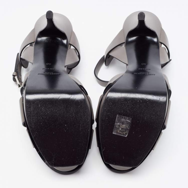 Pre Owned Saint Laurent Grey Patent Leather Tribute Platform Ankle Strap Sandals Size 40