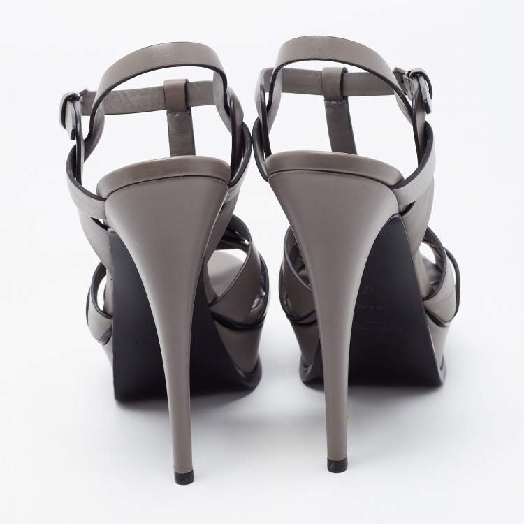 Pre Owned Saint Laurent Grey Patent Leather Tribute Platform Ankle Strap Sandals Size 40