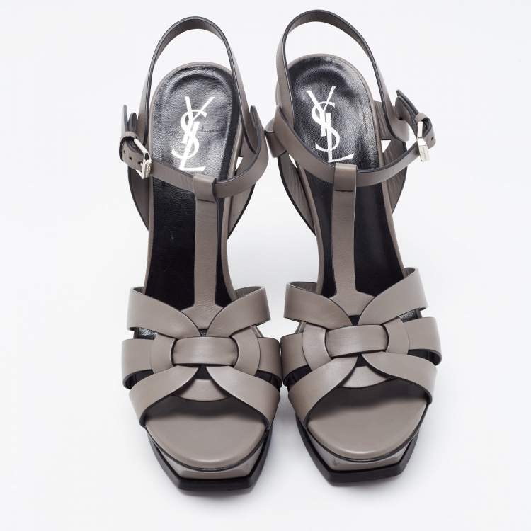 Pre Owned Saint Laurent Grey Patent Leather Tribute Platform Ankle Strap Sandals Size 40