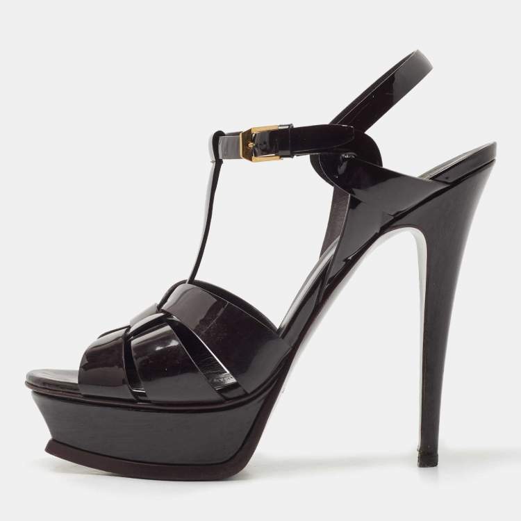 Pre Owned Saint Laurent Burgundy Patent Leather Tribute Platform Ankle Strap Sandals Size 39.5