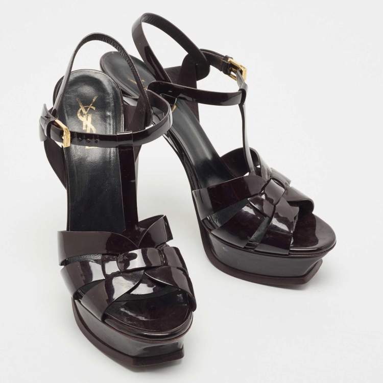 Pre Owned Saint Laurent Burgundy Patent Leather Tribute Platform Ankle Strap Sandals Size 39.5