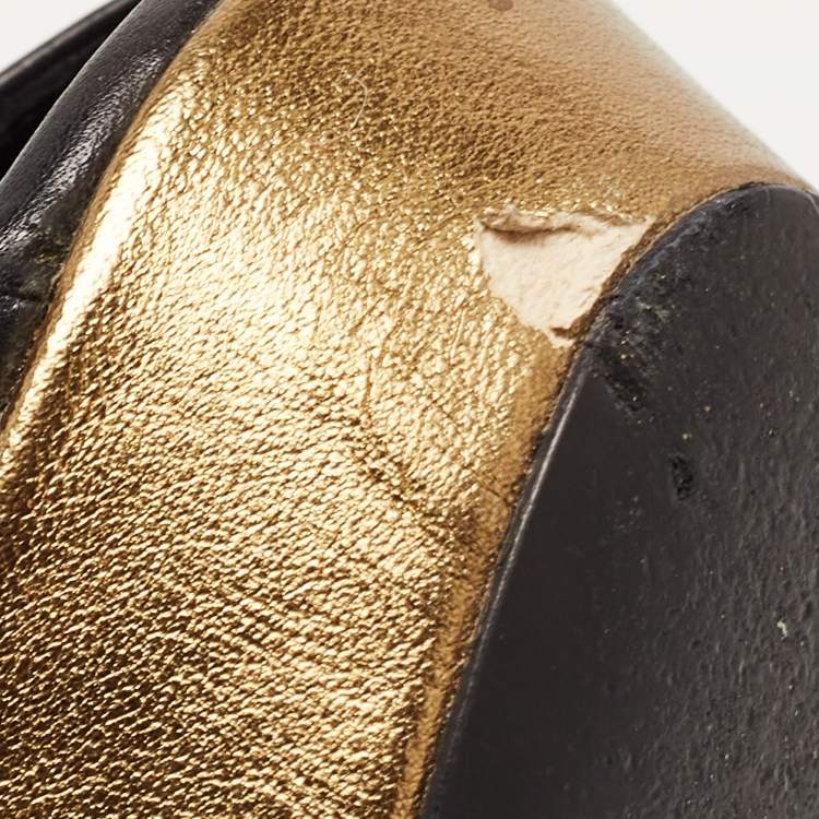 Pre Owned Saint Laurent Black Leather Peep Toe Platform T-strap Pumps Size 37.5