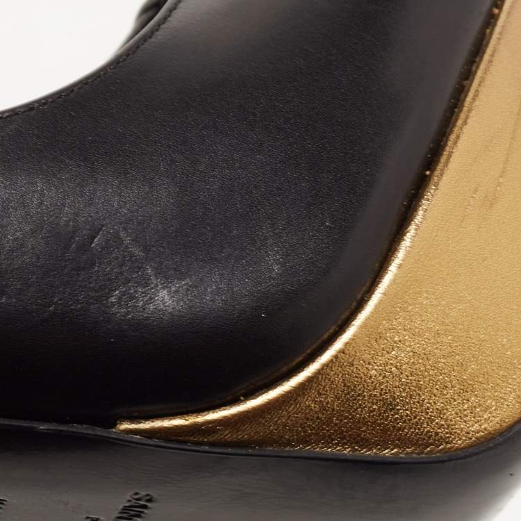 Pre Owned Saint Laurent Black Leather Peep Toe Platform T-strap Pumps Size 37.5