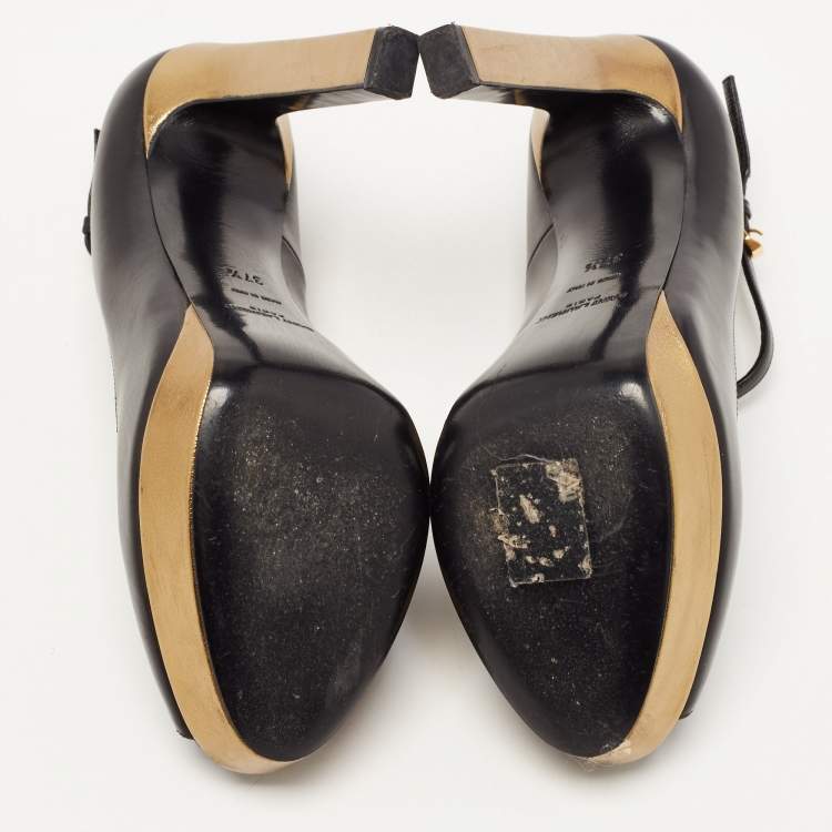 Pre Owned Saint Laurent Black Leather Peep Toe Platform T-strap Pumps Size 37.5
