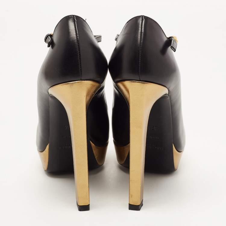 Pre Owned Saint Laurent Black Leather Peep Toe Platform T-strap Pumps Size 37.5