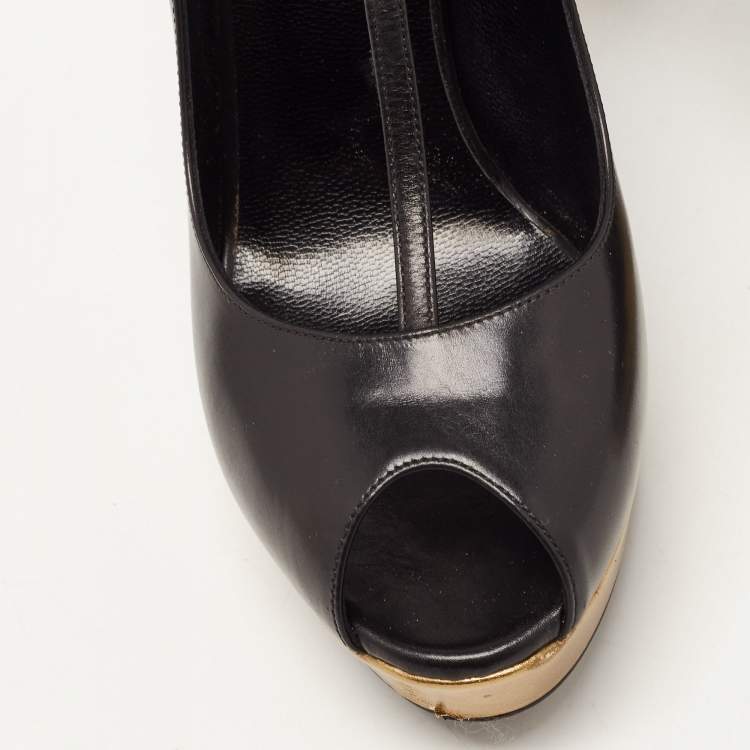 Pre Owned Saint Laurent Black Leather Peep Toe Platform T-strap Pumps Size 37.5