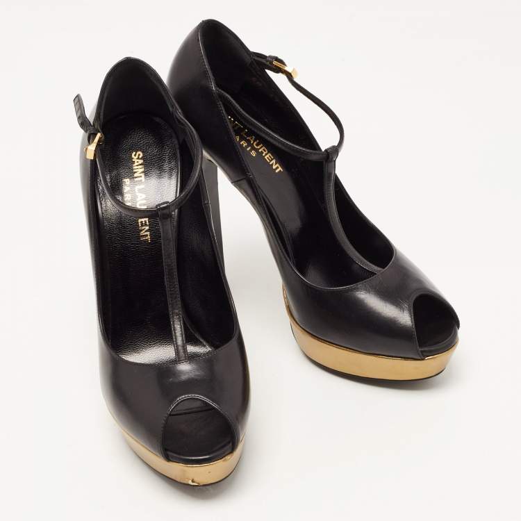 Pre Owned Saint Laurent Black Leather Peep Toe Platform T-strap Pumps Size 37.5