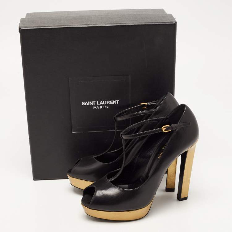 Pre Owned Saint Laurent Black Leather Peep Toe Platform T-strap Pumps Size 37.5