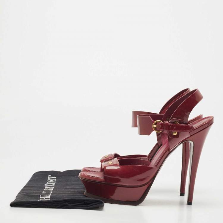 Pre Owned Saint Laurent Plum Patent Leather Platform Ankle Strap Sandals Size 40