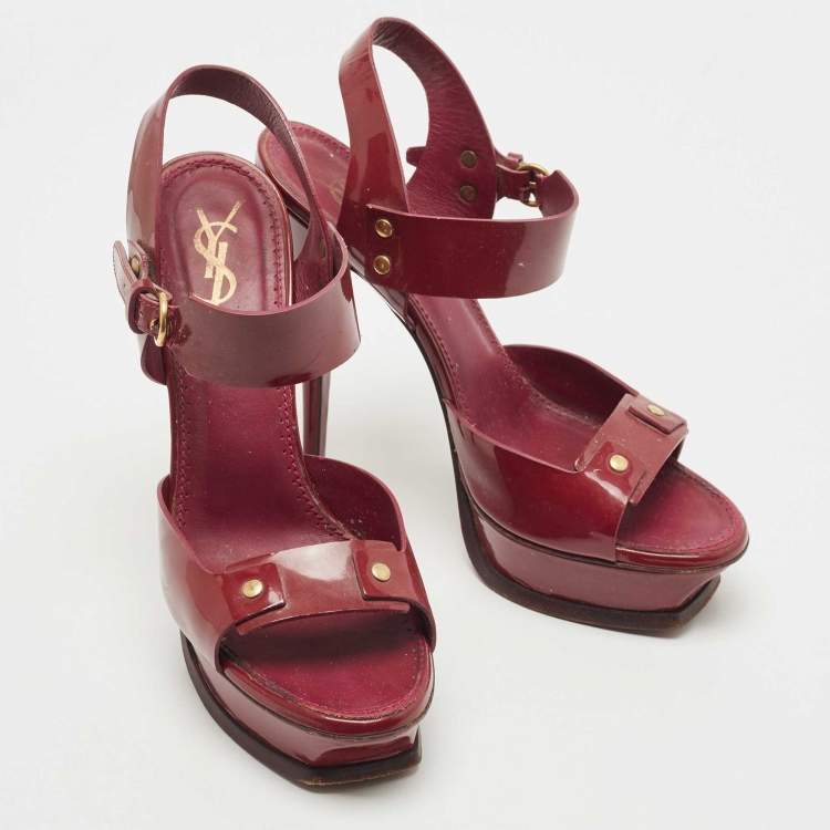 Pre Owned Saint Laurent Plum Patent Leather Platform Ankle Strap Sandals Size 40