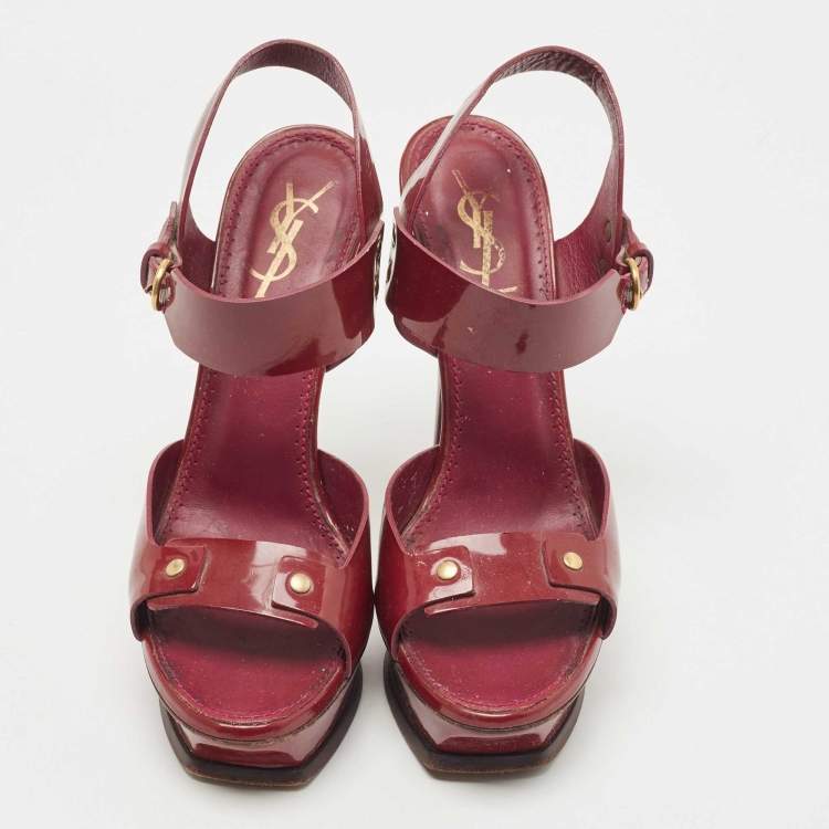 Pre Owned Saint Laurent Plum Patent Leather Platform Ankle Strap Sandals Size 40