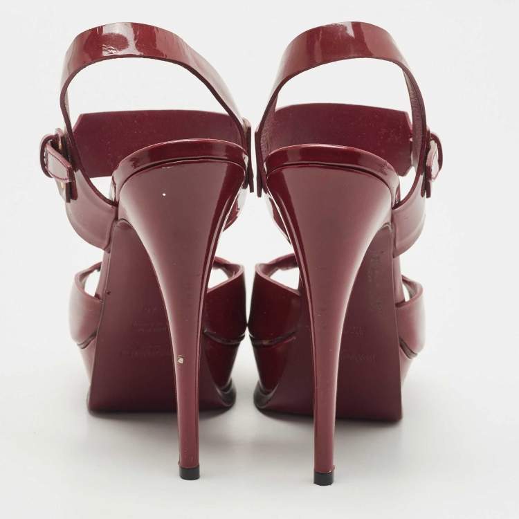 Pre Owned Saint Laurent Plum Patent Leather Platform Ankle Strap Sandals Size 40