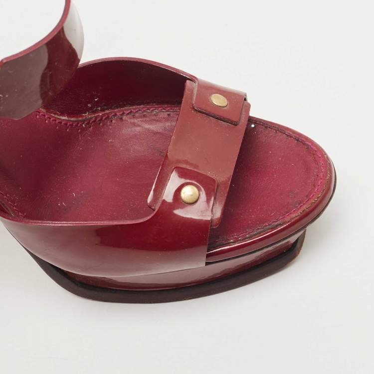 Pre Owned Saint Laurent Plum Patent Leather Platform Ankle Strap Sandals Size 40