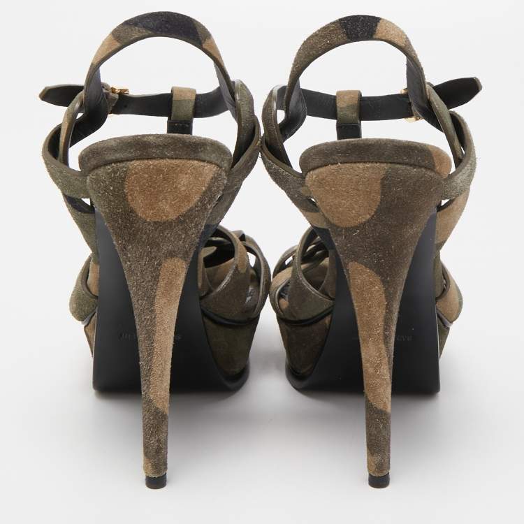 Pre Owned Saint Laurent Green Camouflage Suede Tribute Sandals Size 39