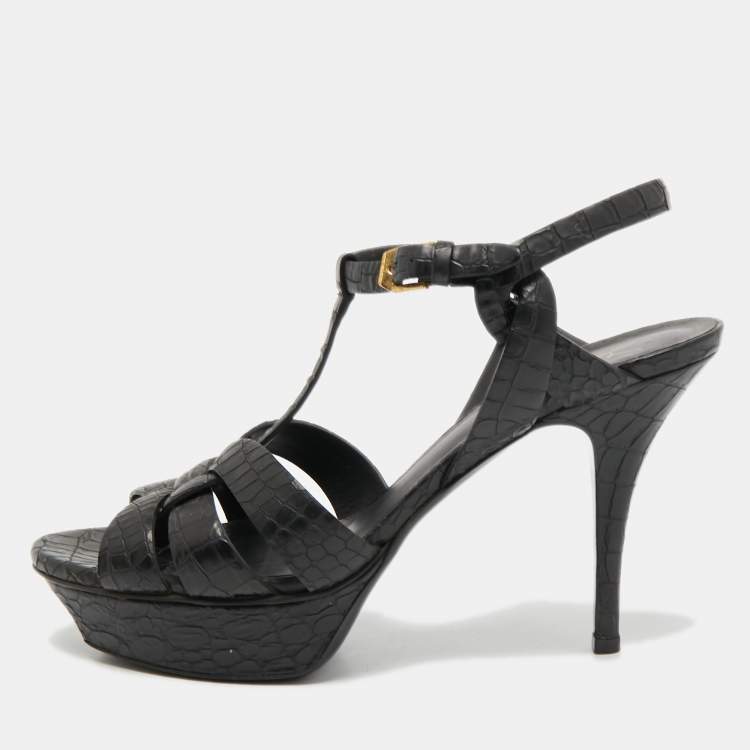 Pre Owned Saint Laurent Black Croc Embossed Leather Tribute Platform Ankle Strap Sandals Size 39