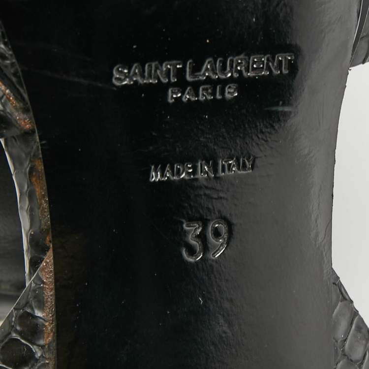 Pre Owned Saint Laurent Black Croc Embossed Leather Tribute Platform Ankle Strap Sandals Size 39